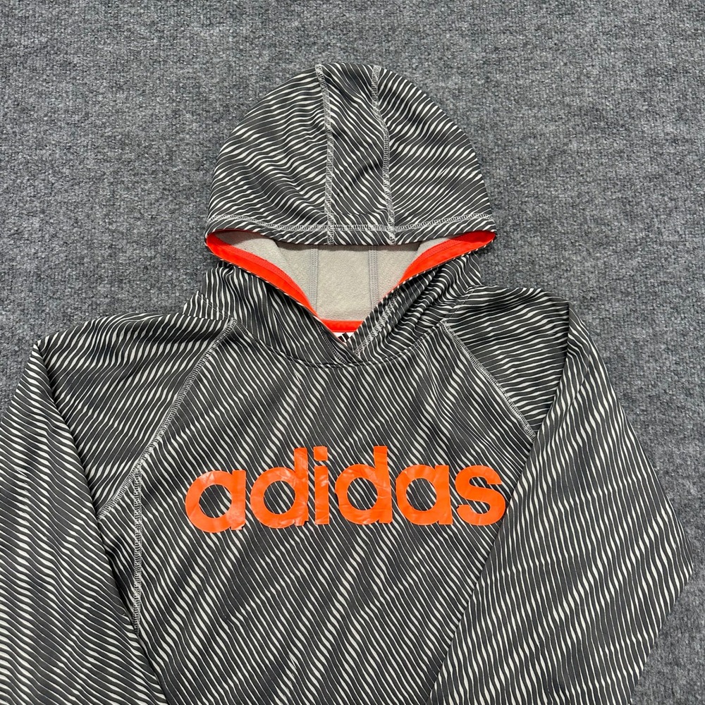 Adidas Hoodie Youth Size XL Gray Wavy Stripe Orange Logo Athletic Sweatshirt
